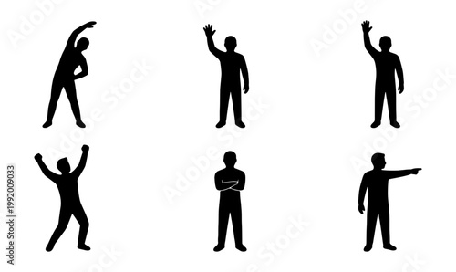 Black silhouette people icons, gestures and poses, human figures, 6 pcs