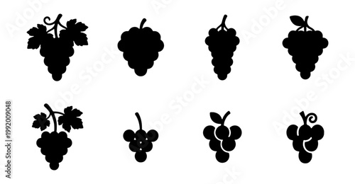 Grape icons, black silhouettes, fruit illustrations, vine clipart, food graphics
