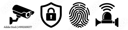 Security icons, safety symbols, protection graphics, 4 black elements