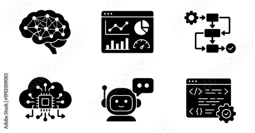 Artificial intelligence icons, robot, brain, coding symbols, tech graphics, 6 svg