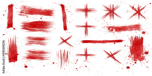 A vibrant red grunge texture featuring artistic paint splashes and ink splats with a vector design of blood stains and heart shapes for a decorative holiday illustration