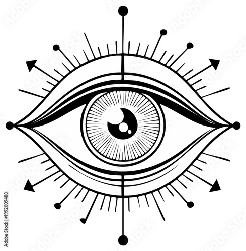 Stylized Eye Symbol with Rays and Arrows representing Vision Awareness and Mysticism