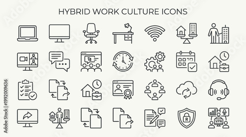 Hybrid Work Culture Icon Set Featuring Remote Work, Office Balance, Video Conference, Flexible Scheduling, Cloud Computing and Digital Collaboration Symbols