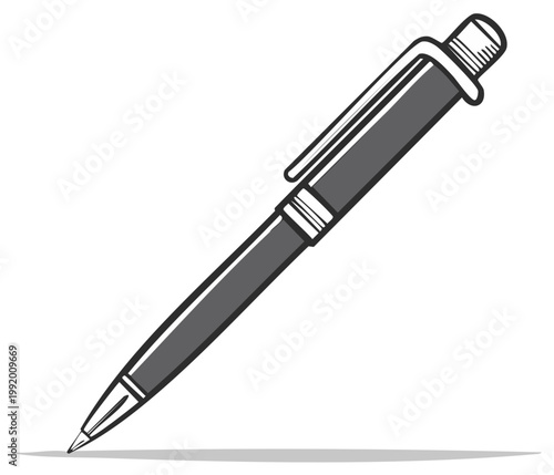 Stylish black and silver ballpoint pen with a clip captured in a clean line art illustration