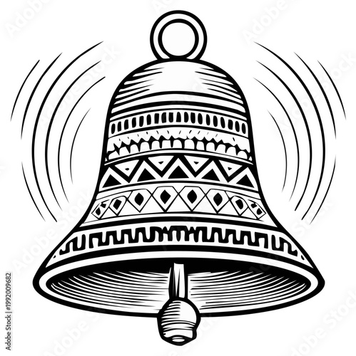 Decorative bell graphic with ringing waves design in black and white