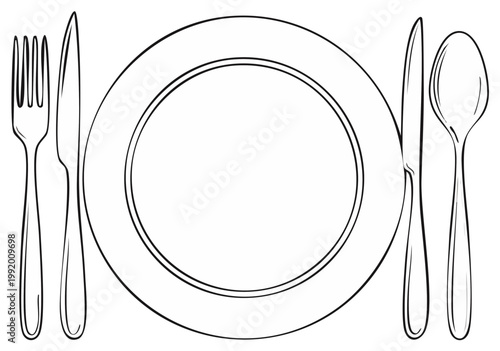 Clean outline illustration of a dinner plate flanked by a fork, knife, and spoon