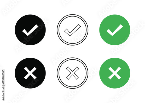 Set of green check marks and red cross symbols icons in circles flat vector illustration for voting or survey results buttons.