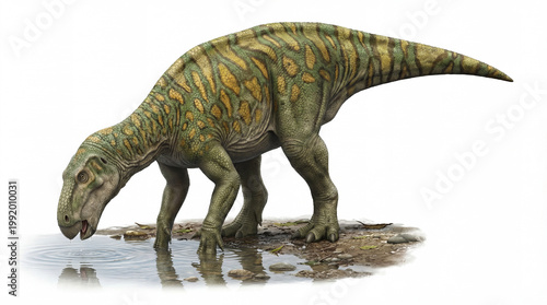 Iguanodon bernissartensis drinking water isolated on white background, detailed reconstruction showing natural posture, hydration behavior and classic ornithopod anatomy.
