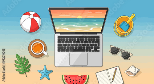 Summer vacation, beach, laptop, icons, vector, colorful, illustration, travel, relaxation, leisure