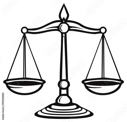 Illustration of Law Scales Symbolizing Justice and Fairness, Black and White