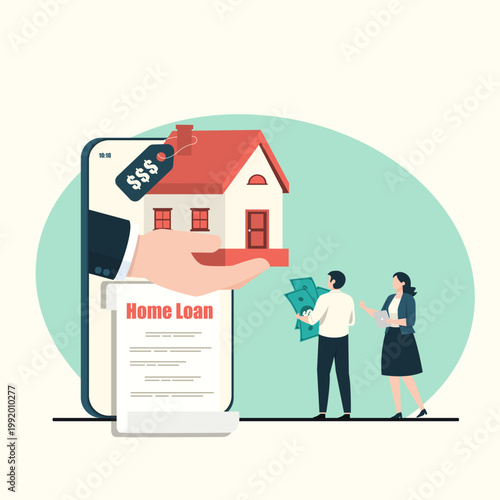 A hand emerges from a smartphone screen holding a house model with a price tag, representing a digital home loan application. Two people stand nearby discussing mortgage finance and credit.