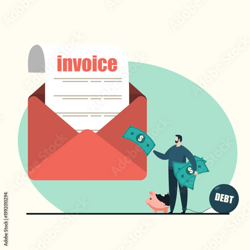 A man holds cash to pay a giant invoice in a red envelope while chained to a heavy debt ball next to a broken piggy bank. Represents financial crisis and money management struggle.