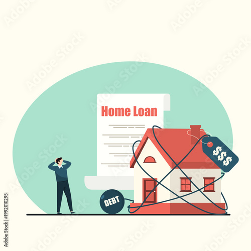 A man feels stressed facing a house tied with rope and a debt ball, representing home loan burden, financial crisis, and mortgage pressure in a flat graphics.
