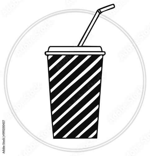 Black and white soda drink cup with straw graphic within a circular frame