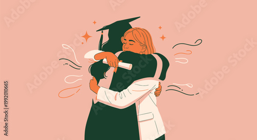 Graduation, happy graduates, hugging, celebration, education