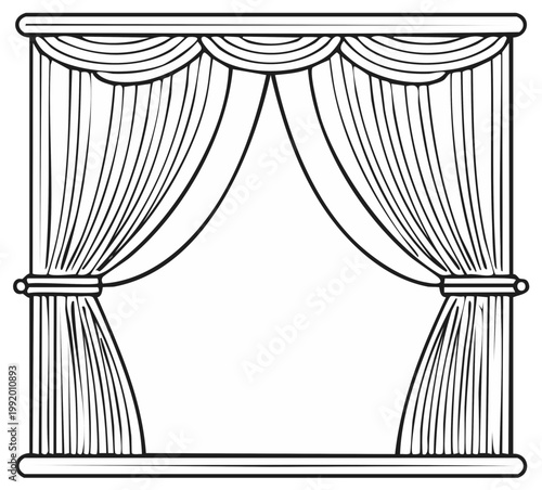 Outline of a theater stage window with elegant draped curtains