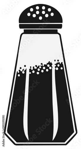 Classic glass salt shaker filled with white granules and a black speckled top