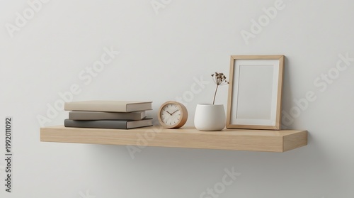 A minimalist wooden shelf displaying books a clock a vase with a flower and an empty picture frame against a white wall