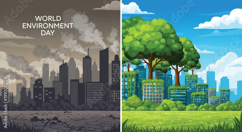 World Environment Day, eco friendly cityscape, green vs polluted urban landscape, environmental awareness