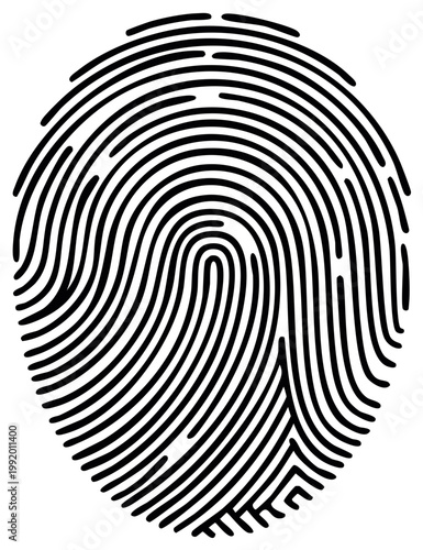 Detailed black and white fingerprint pattern with unique whorl and loop formations for identity verification