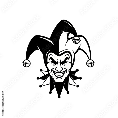 Jester Face Icon, Joker Hat with Bells, Evil Grin, Black and White Vector Art