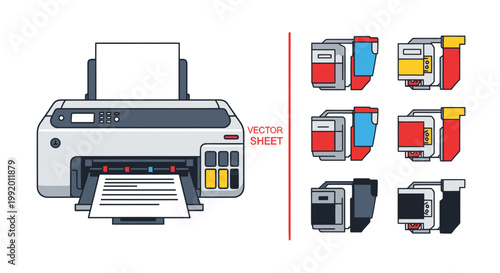 Printer and Ink Cartridges Vector Set - Office Equipment and Supplies