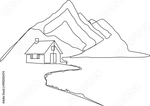 Simple one-line drawing of a peaceful nature landscape with a house, hills, and a lake. 