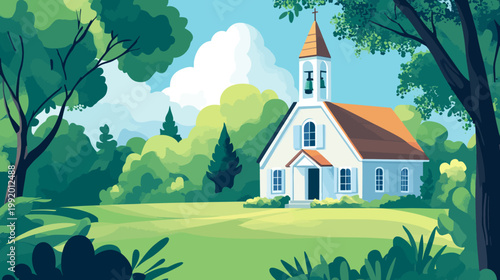 Illustration of a church building nestled amid lush greenery, with sky