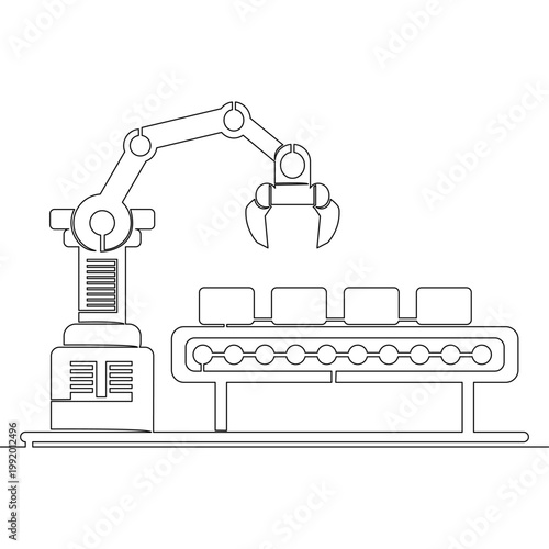Continuous one single line drawing Industrial conveyor with boxes and robotic arm in automated factory production line icon vector illustration concept