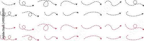  Dashed Curved Arrows. Directional pointer and flow symbols. Stippled line and arch arrow design. Curved dash arrow and movement icon