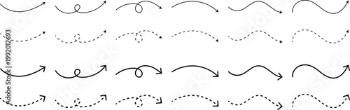  Dashed Curved Arrows. Directional pointer and flow symbols. Stippled line and arch arrow design. Curved dash arrow and movement icon