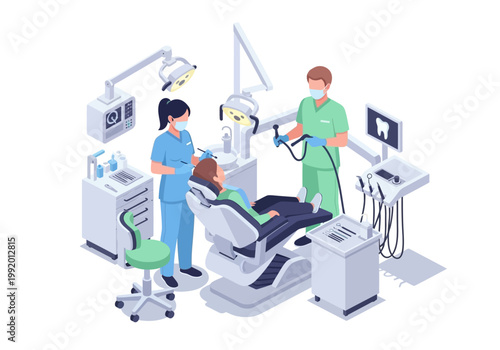 Dentist examines patient while assistant prepares equipment in modern dental clinic office