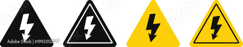 High Voltage Warning icon. Electrical shock and danger symbols. Lightning bolt in triangle sign. Power hazard and lightning bolt design. Technology icons
