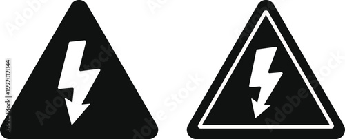 High Voltage Warning icon. Electrical shock and danger symbols. Lightning bolt in triangle sign. Power hazard and lightning bolt design. Technology icons
