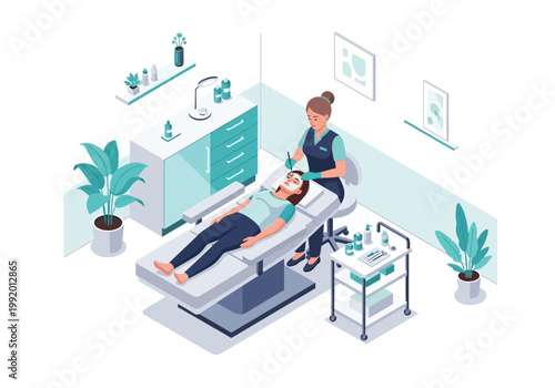 Dentist examines patient in modern clinic with equipment and plants around