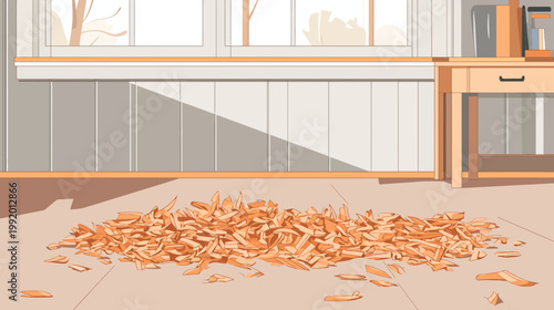 A cartoon scene showcasing interior with a window, cabinet, and scattered wood shavings on the floor