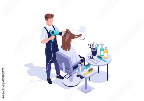 A hairdresser is styling a woman's long hair with a blow dryer in a salon chair.