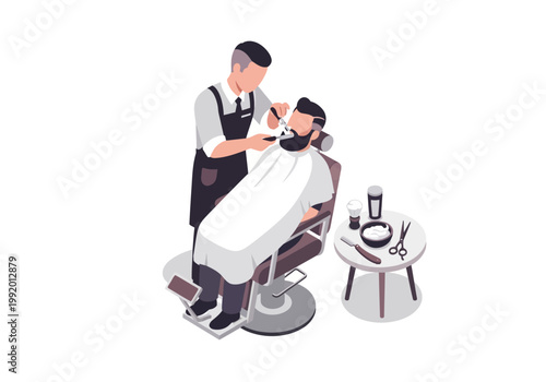 A barber carefully cuts a man's hair in a chair with tools nearby.
