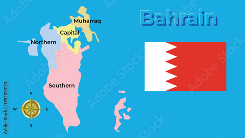 Kingdom of Bahrain administrative map with governorates, national flag and compass rose.