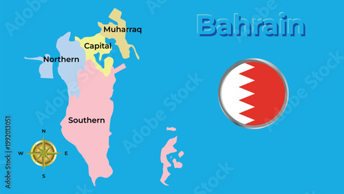 Kingdom of Bahrain administrative map with colorful governorates and circular national flag icon.