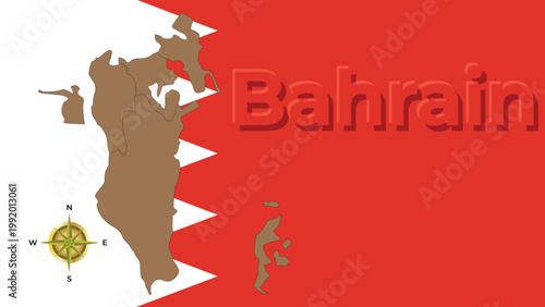 Kingdom of Bahrain map on flag background with compass rose and red 3D title.