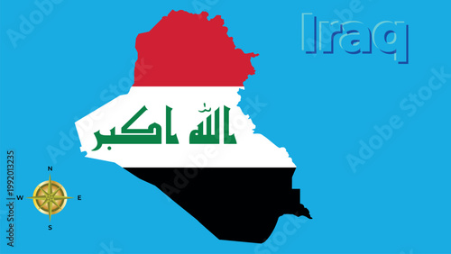 Republic of Iraq flag-map silhouette on light blue background with 3D title and compass.