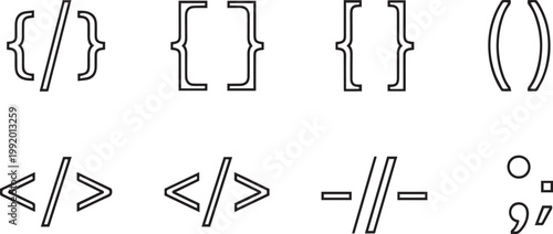 Set of double line coding symbols and programming signs, outline vector of curly braces, brackets, parentheses, HTML tags and semicolon, modern web development elements isolated on white background