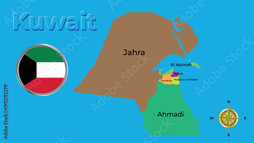 State of Kuwait administrative map with governorates, circular national flag icon and compass rose.