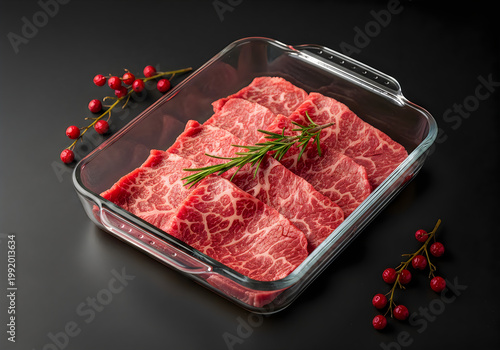 Herb-infused roasted meat dish in glass container