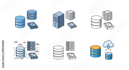 Database storage hardware components set featuring hard drives and server towers for information management.