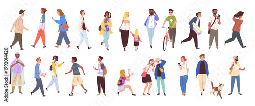 Walking people characters. Person characters walk city street, diverse group stroll family couple friend young woman adult man children bike dog cartoon classy vector illustration