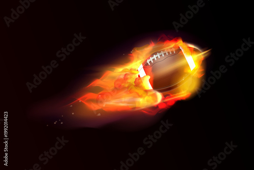 Rugby fire ball. Realistic american football ball burning flames speed flying with smoke ball goal throw flame sport game match play concept 3d isolated exact vector illustration