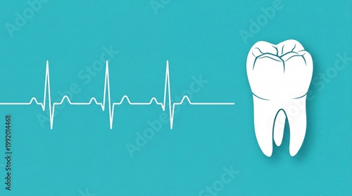 White tooth icon with heart rate pulse line on turquoise background, dental health monitoring, heart and teeth connection, medical concept.