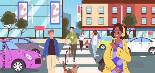 People crosswalk. Pedestrian street city road traffic, urban sidewalk busy man woman crossing walk way go crowd citizen safety zebra light sign bicycle classy vector illustration